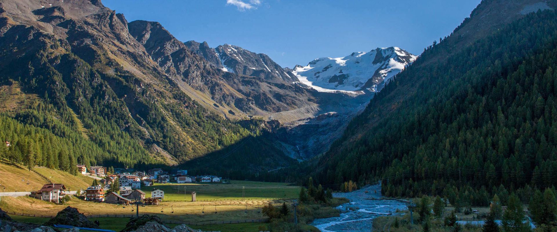 Sulden in Vinschgau View of the alpine landscape of Innersulden with houses and mountains