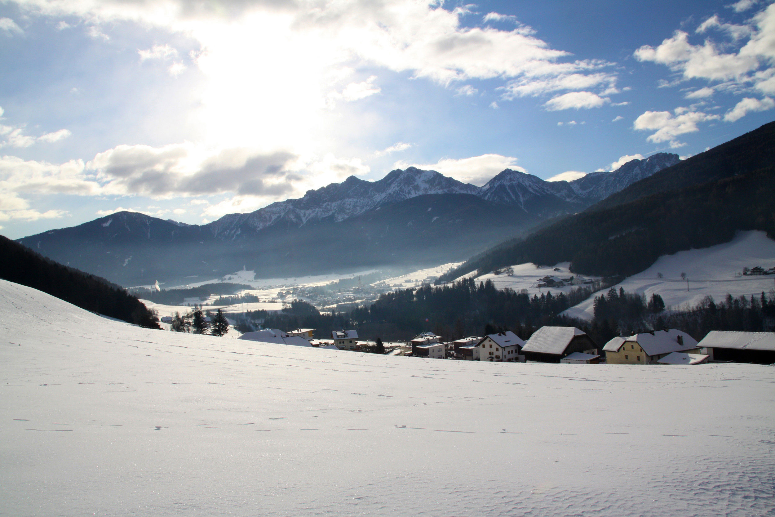 View of Nasen/Percha and Pustertal Valley in winter