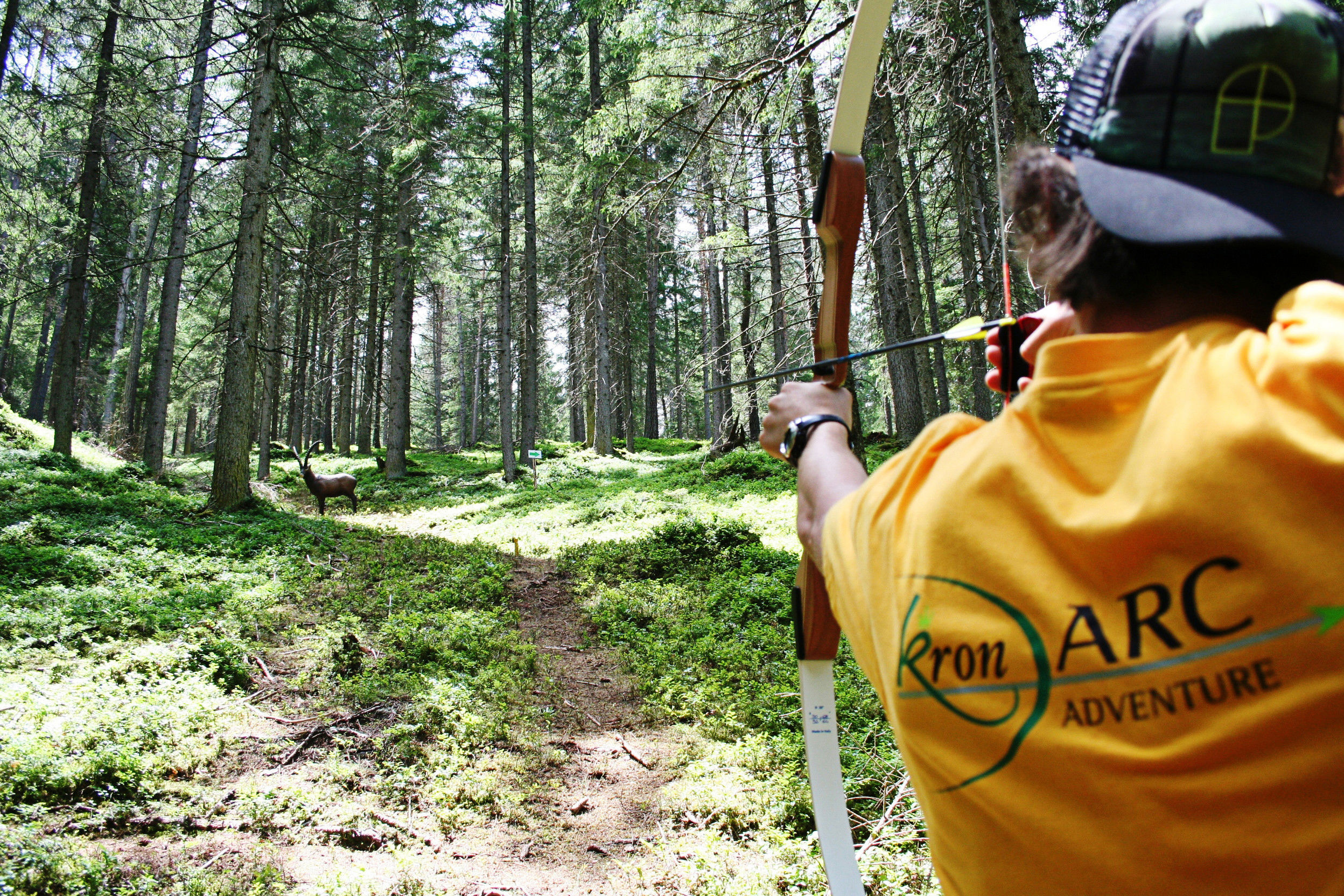 A boy aims at a 3D wooden deer along the archery course in Olang.