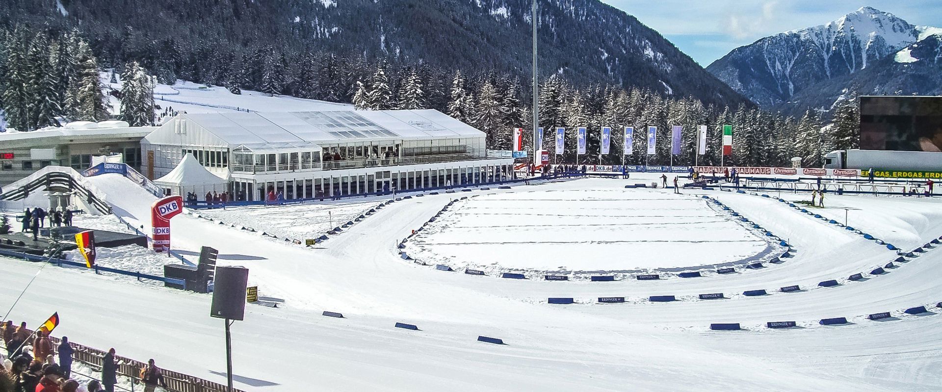 Antholz Biathlon Stadium Antholz Biathlon Stadium and spectators in the stands.