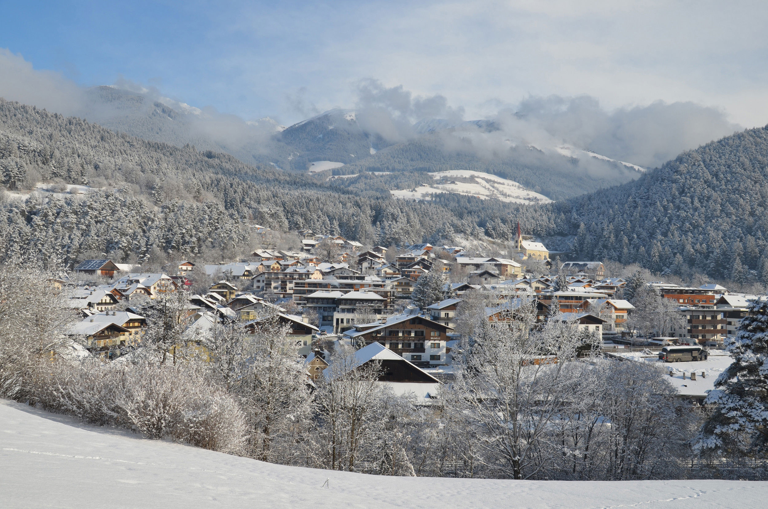 View of Kiens with snowy landscape