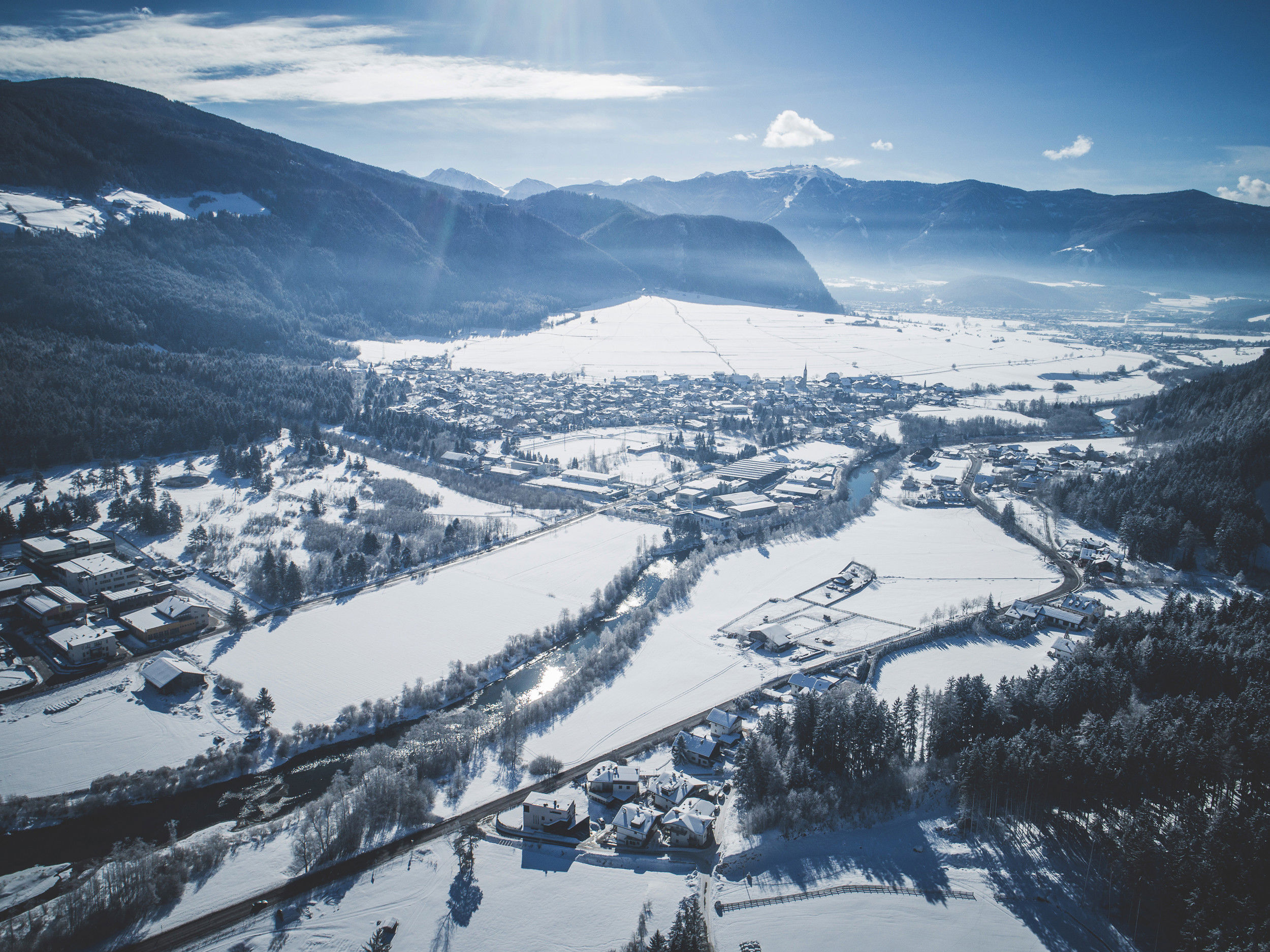 View of Gais in direction of Bruneck in winter