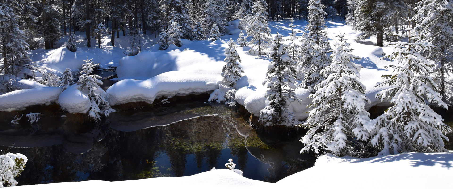 Educational sources trail in Prags in winter. Snow-covered landscape with a small stream.
