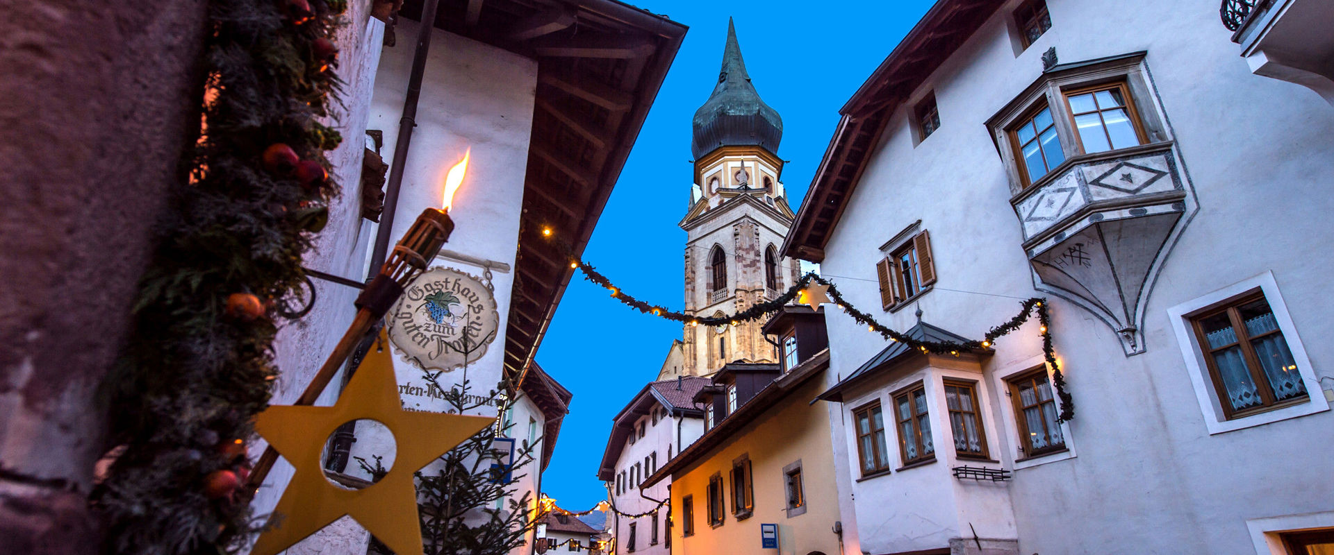 St. Pauls in winter Christmas atmosphere in the alleys of St. Pauls, decorated with fir and pine garlands, lights and stars.