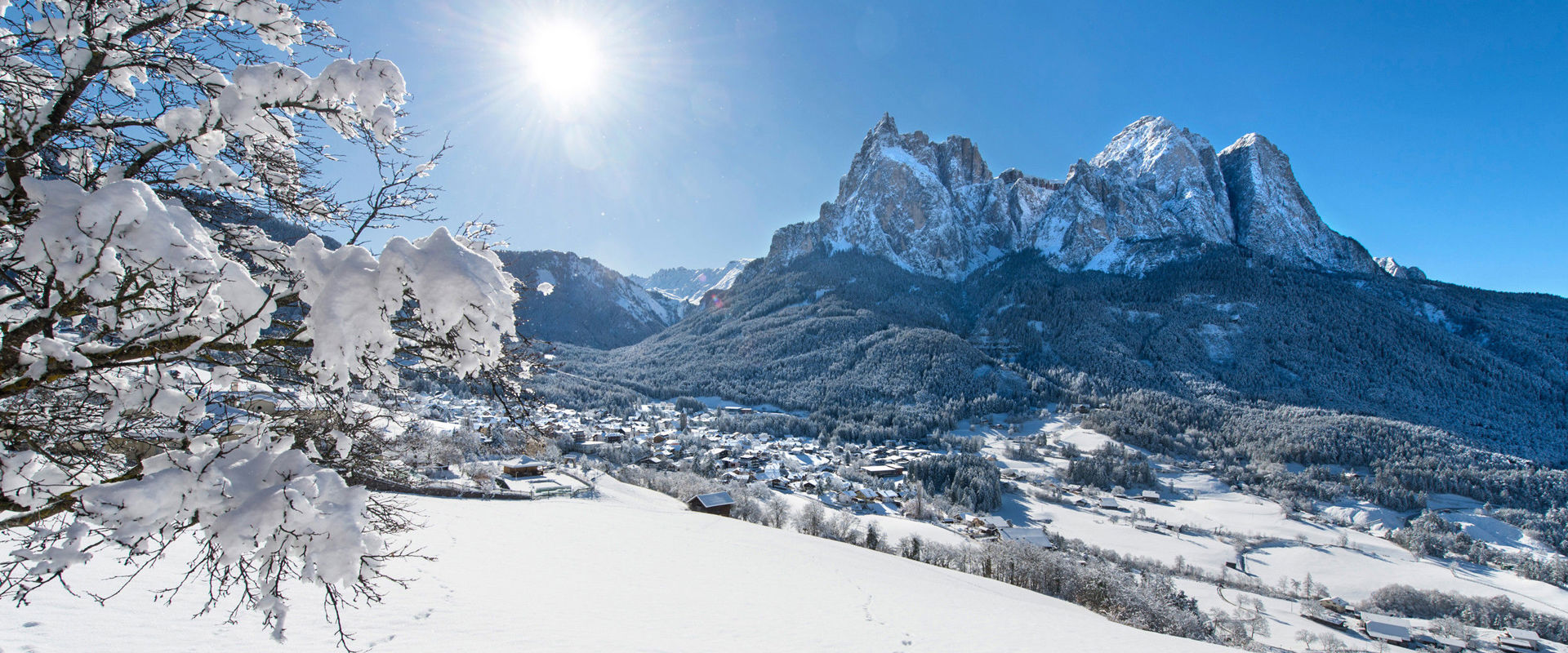 Seis am Schlern in winter Snow-covered winter landscape with view towards Seis am Schlern.
