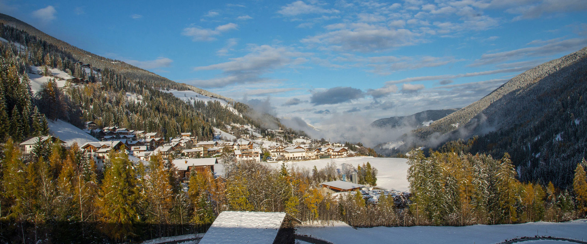 The village of St. Walburg covered in snow.
