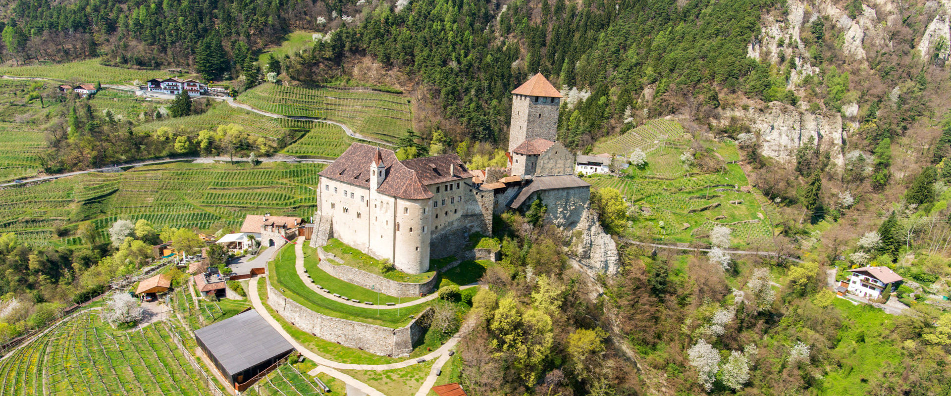 Castle Tyrol Castle Tyrol seen from above and surrounded by meadows, trees, vines and houses.
