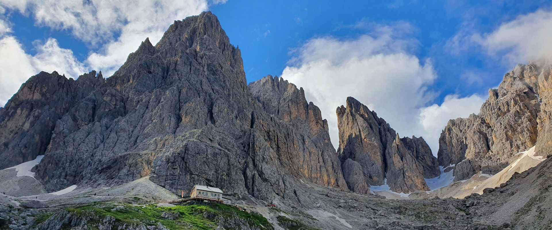 Langkofel Group & Langkofel Hut Rugged Dolomites rocks and mountain hut