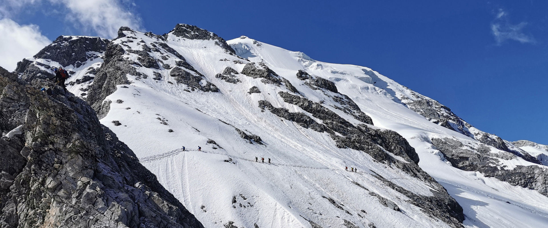 High Altitude Tours in South Tyrol A group of hikers on the snow-covered Ortler.