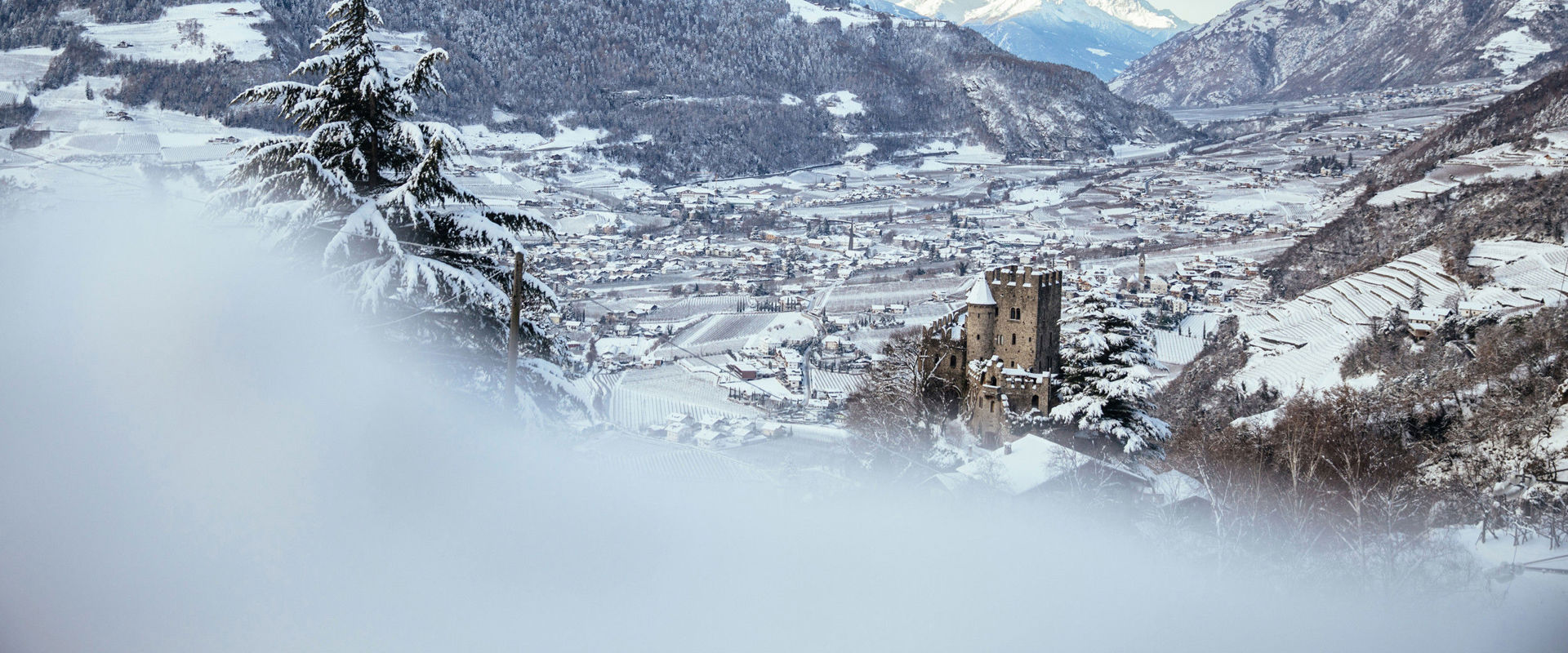 Castle Brunnenburg View from above of the winter landscape around the Brunnenburg.