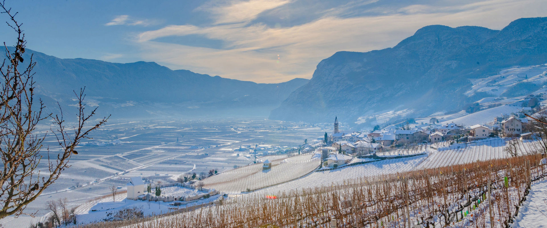 The village Kurtatsch in winter Kurtatsch in winter and vines covered with snow.