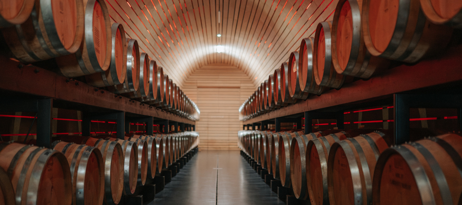 Wine barrels stacked up on the left and right in a new wine cellar