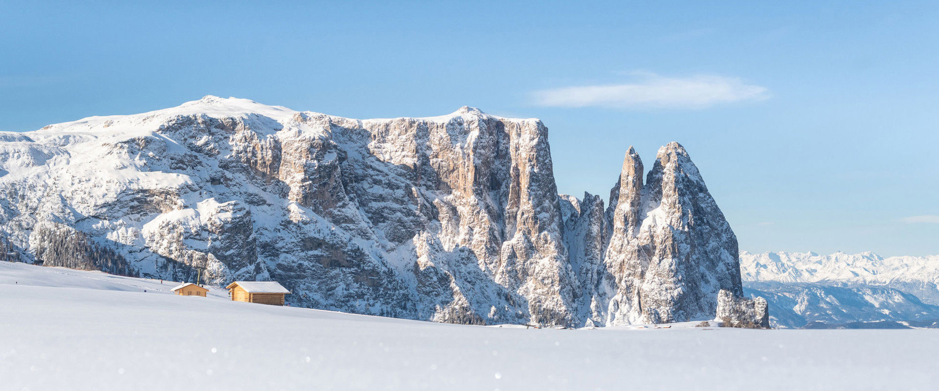 Seiser Alm Seiser Alm and Mt. Schlern with hut and snowy landscape