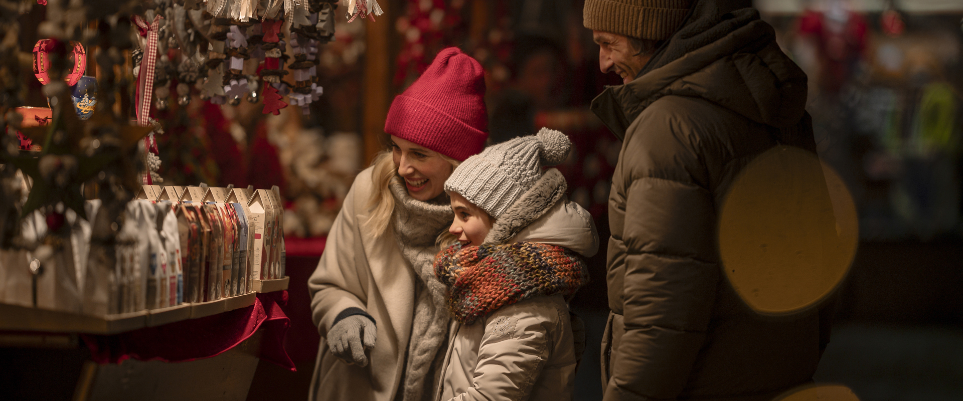Christmas market Christmas market stall with family