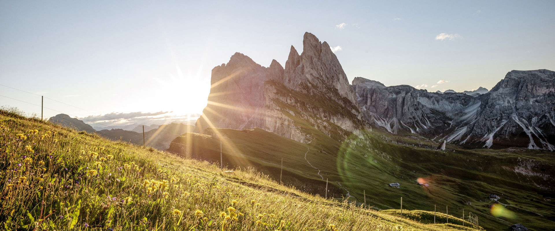 Seceda Seceda and green meadow at sunrise