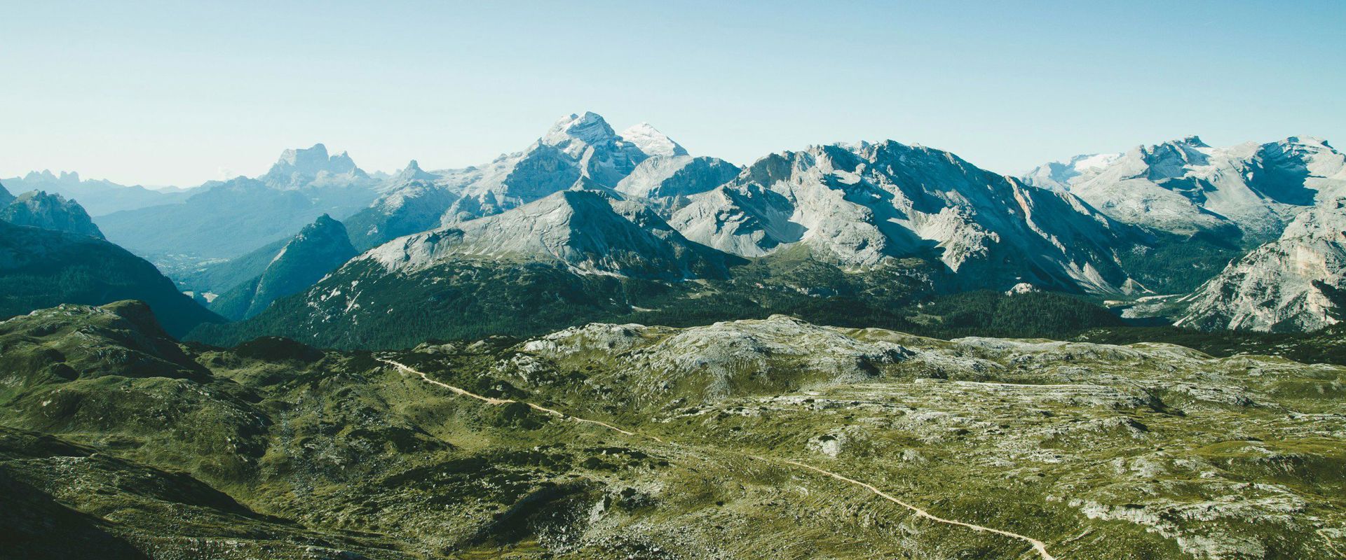 View from the Seekofel hut to Sennes pasture and the Dolomites of Belluno