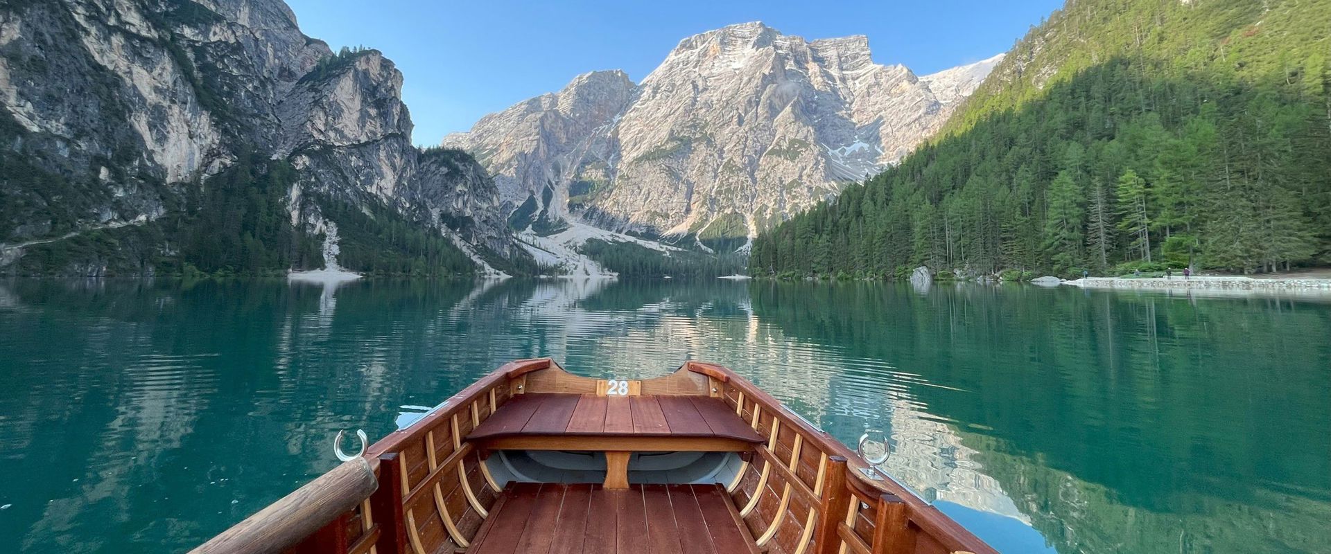 Lake Prags Wooden boat in the middle of the Braies Lake.
